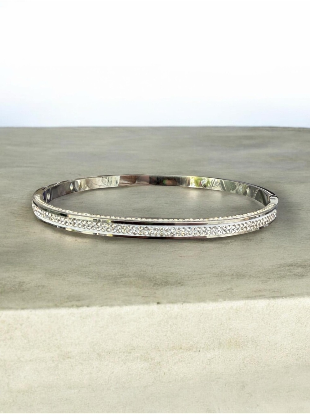 Stainless Steel Crystal Pavé Bangle Bracelet - Silver